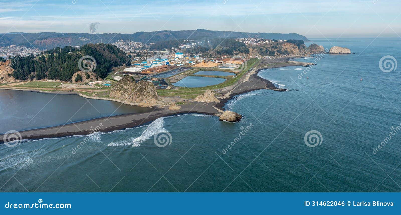 part of city constitucion chile and coastline pacific ocean, aerial view