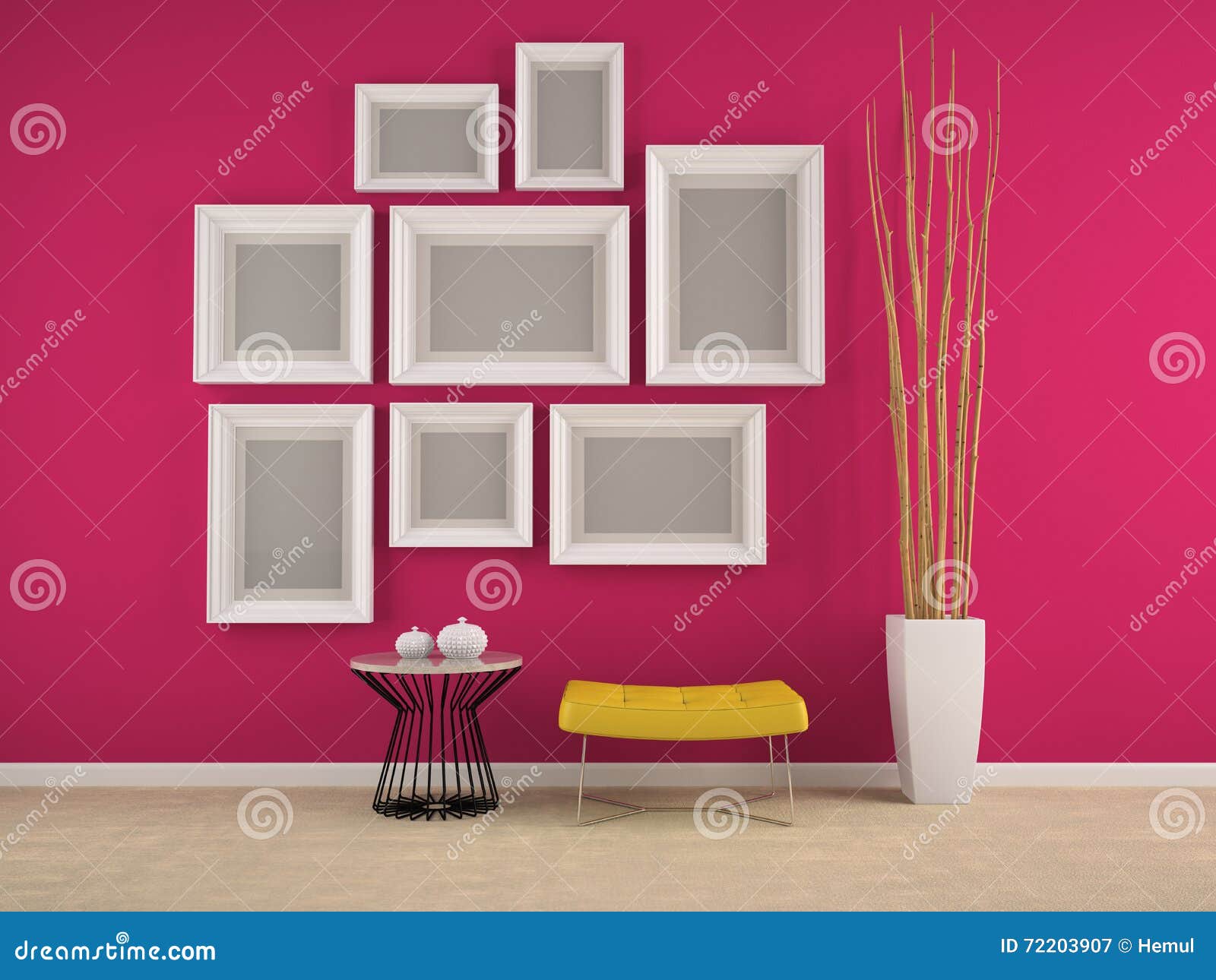 Part of Interior with Frames on the Pink Wall 3D Rendering Stock