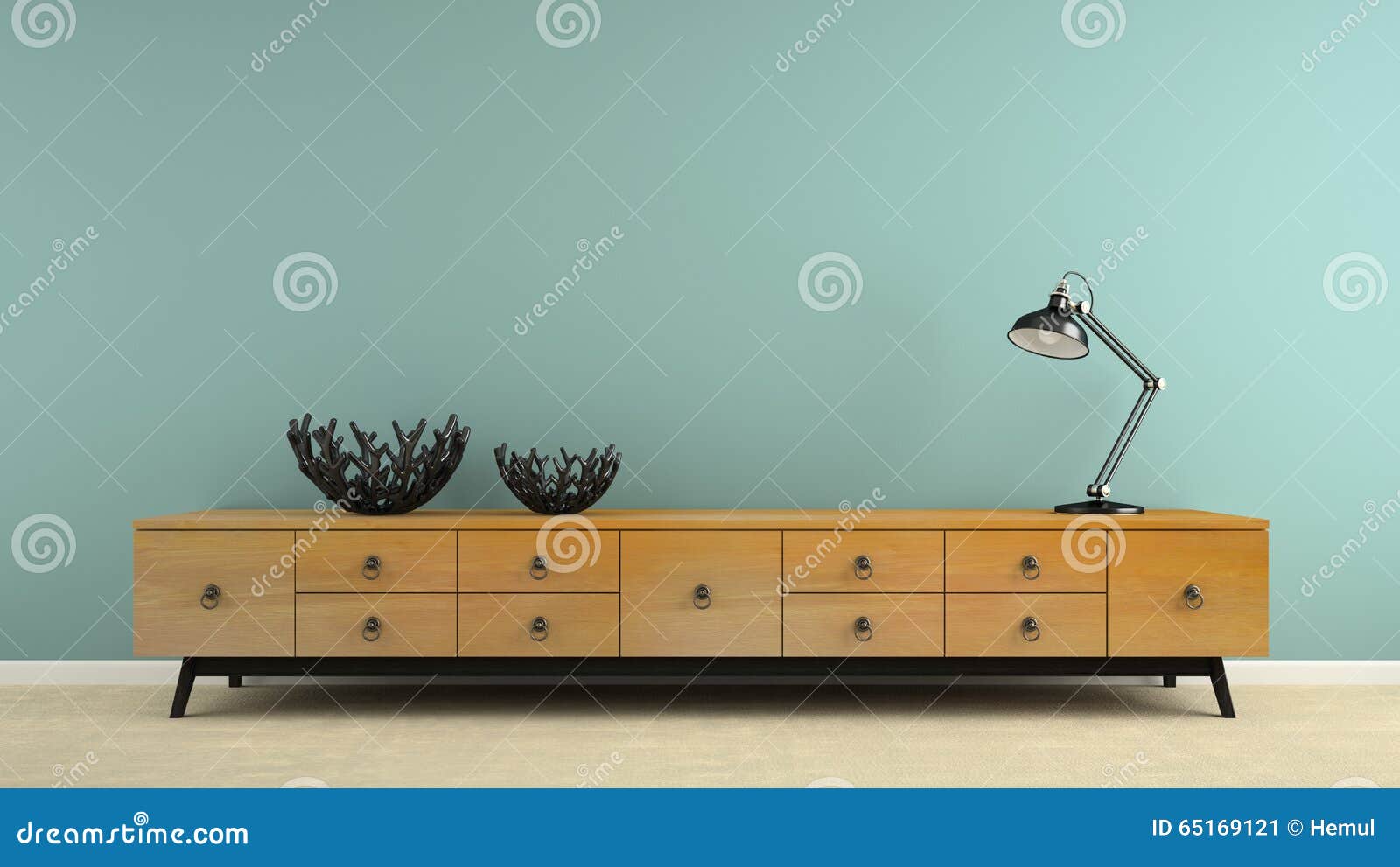 part of interior with retro consol and black lamp 3d rendering