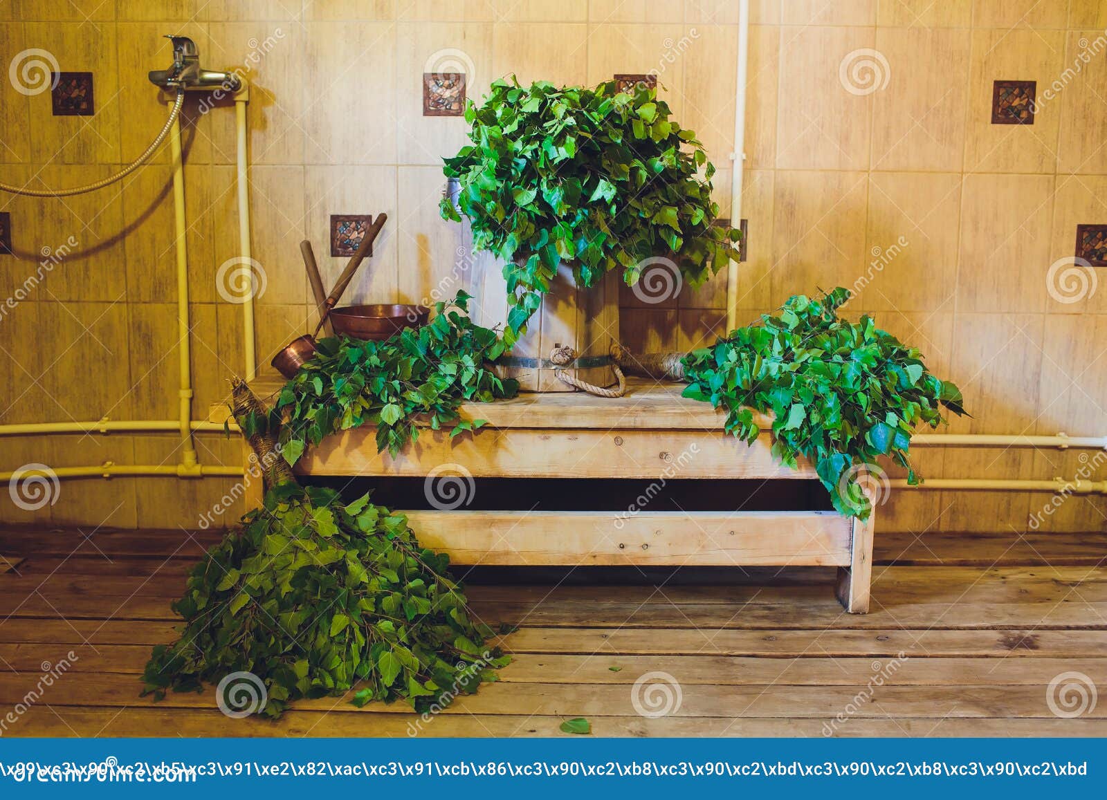 Interior Of A Russian Wooden Bathhouse With A Window, A Shelf And A