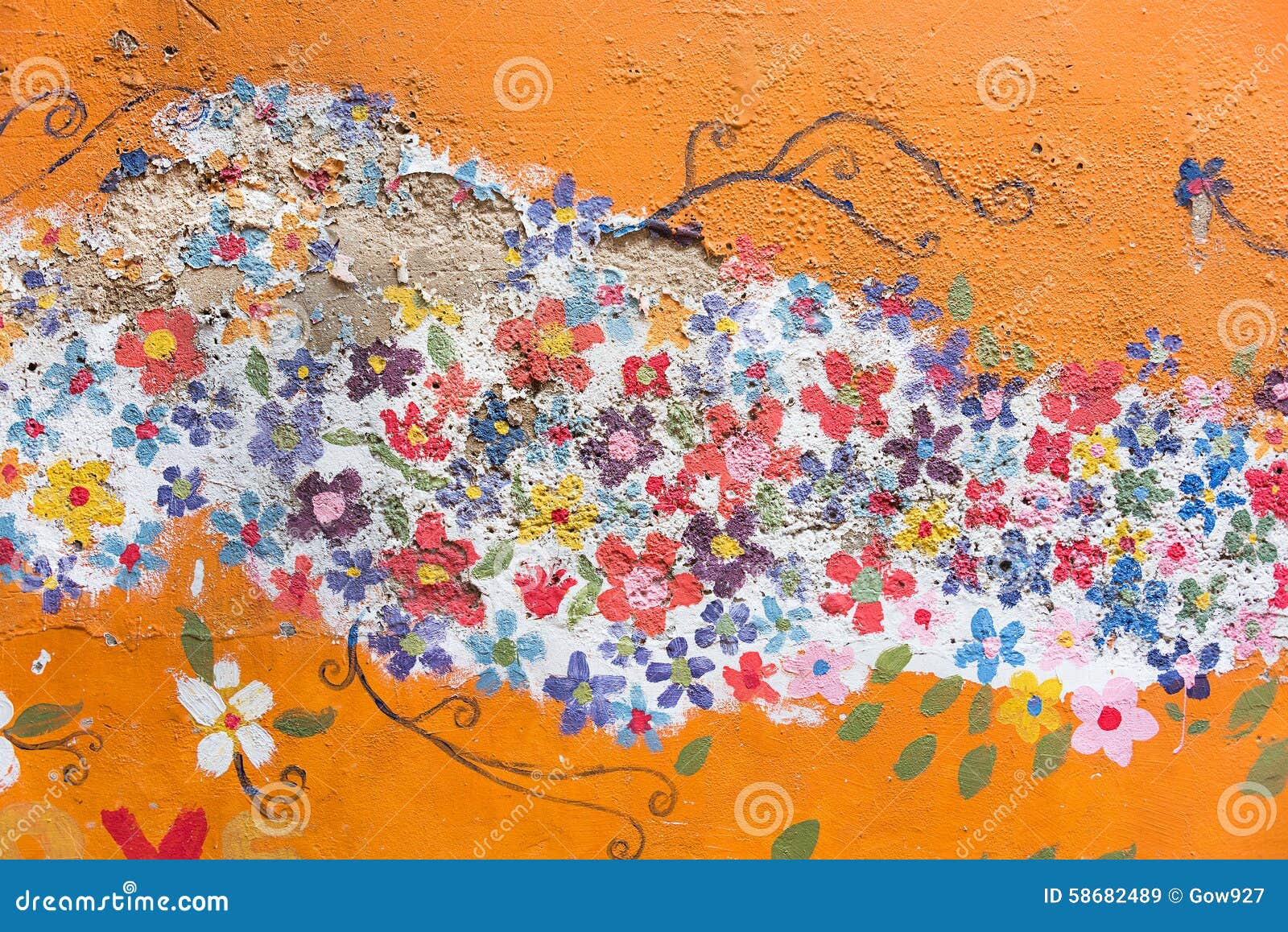 Part of Old Flower Flora Mural Painting Pattern Art on a Messy C Stock  Image - Image of cement, childish: 58682489