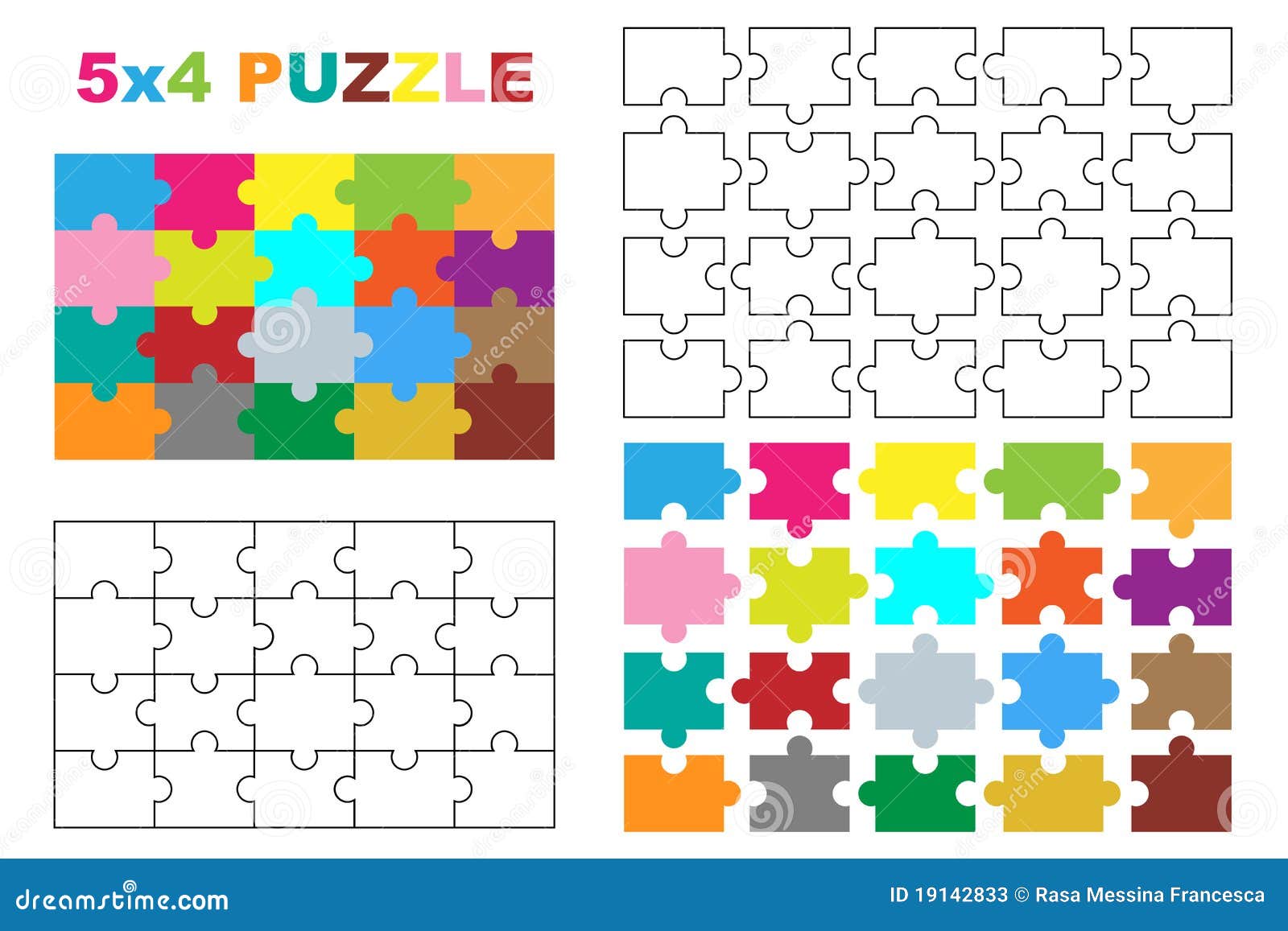 Parti di puzzle. 20 parti imbarazzano, versione colorata ed in bianco e nero completa e specifica delle parti. Isolato su priorità bassa bianca.