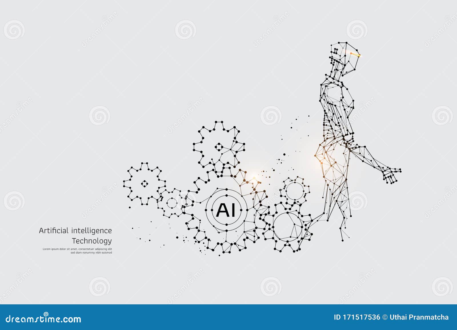 the particles, geometric art, line and dot of gear and robot