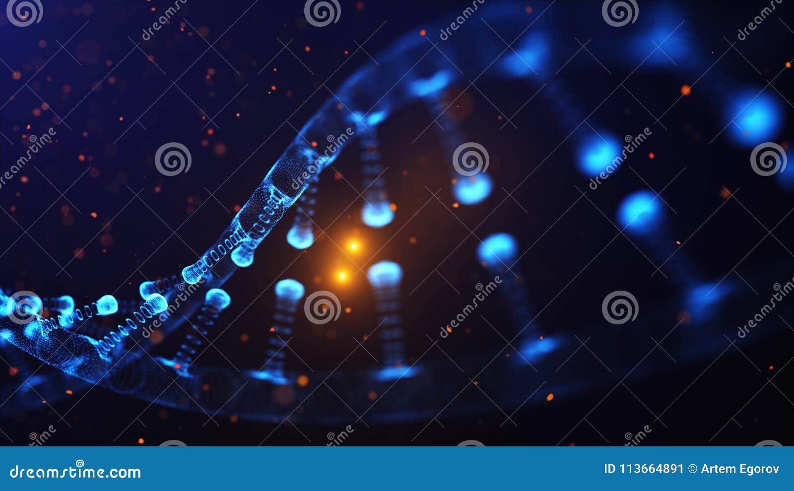 a particulate 3d rendered dna on a blue bokeh background.
