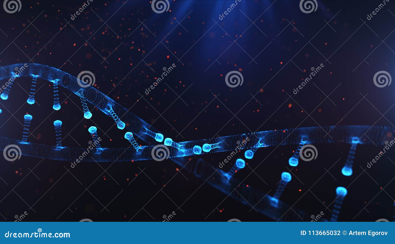 a particulate 3d rendered dna on a blue bokeh background.