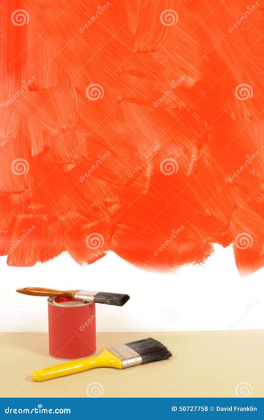 Home Decorating Unfinished Painted Red Wall, Paint Can, Paintbrushes