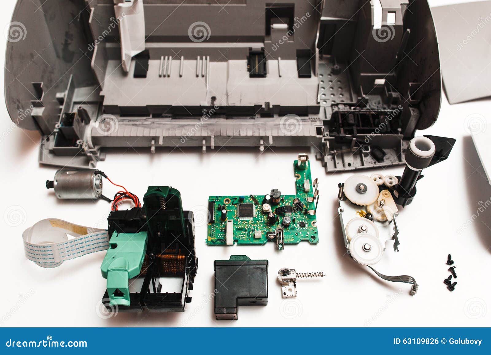 Parts of the Broken Ink Jet Printer on White Background Stock Photo
