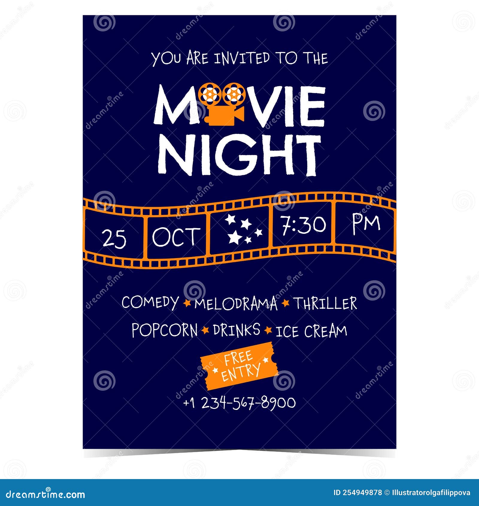 Movie Night Banner with Cinematographic Film Strip and Announcement of