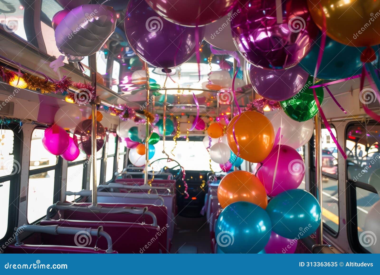 party bus interior with balloons, streamers, and revelers