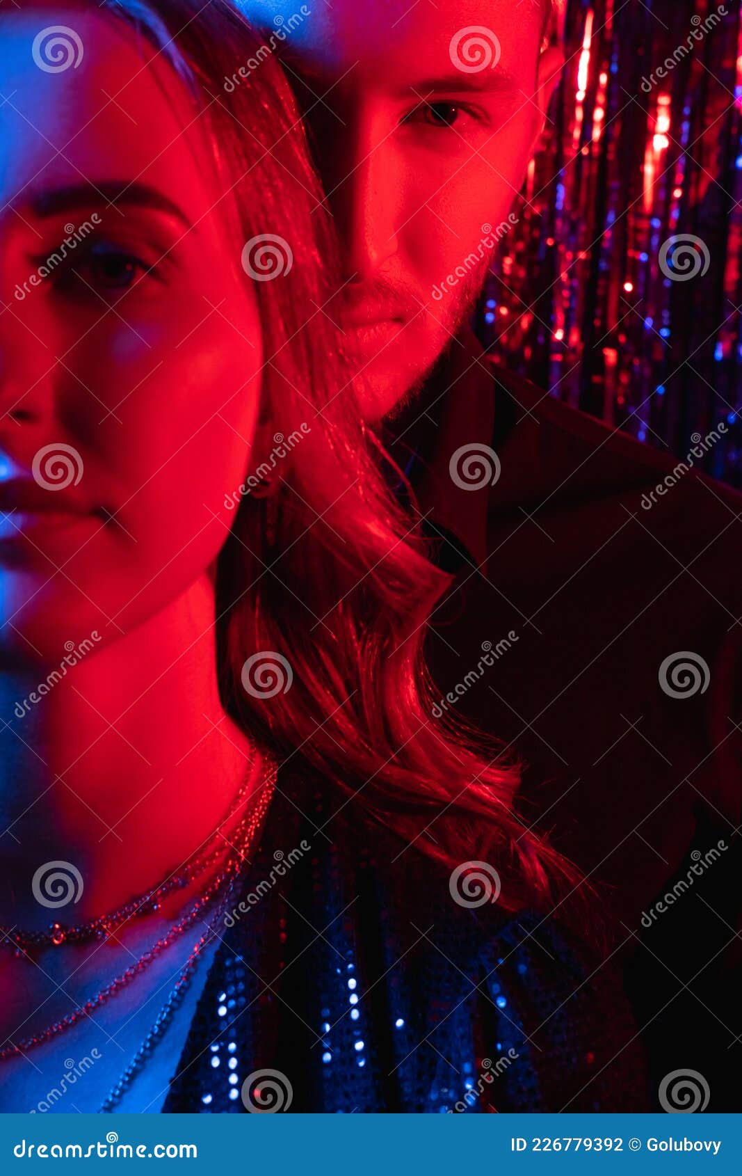 Party Couple Xmas Portrait Neon Light People Red Stock Photo - Image of ...