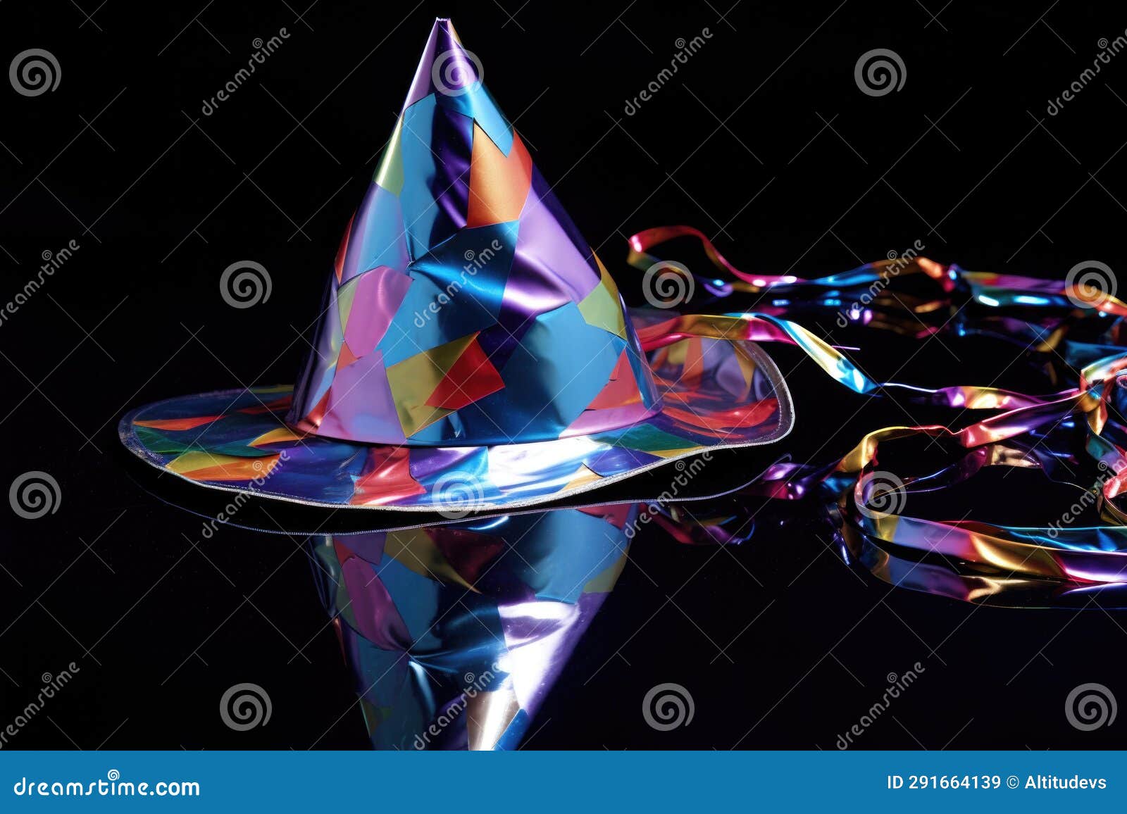 Party Hat with Streamers on a Shiny Reflective Surface Stock Image