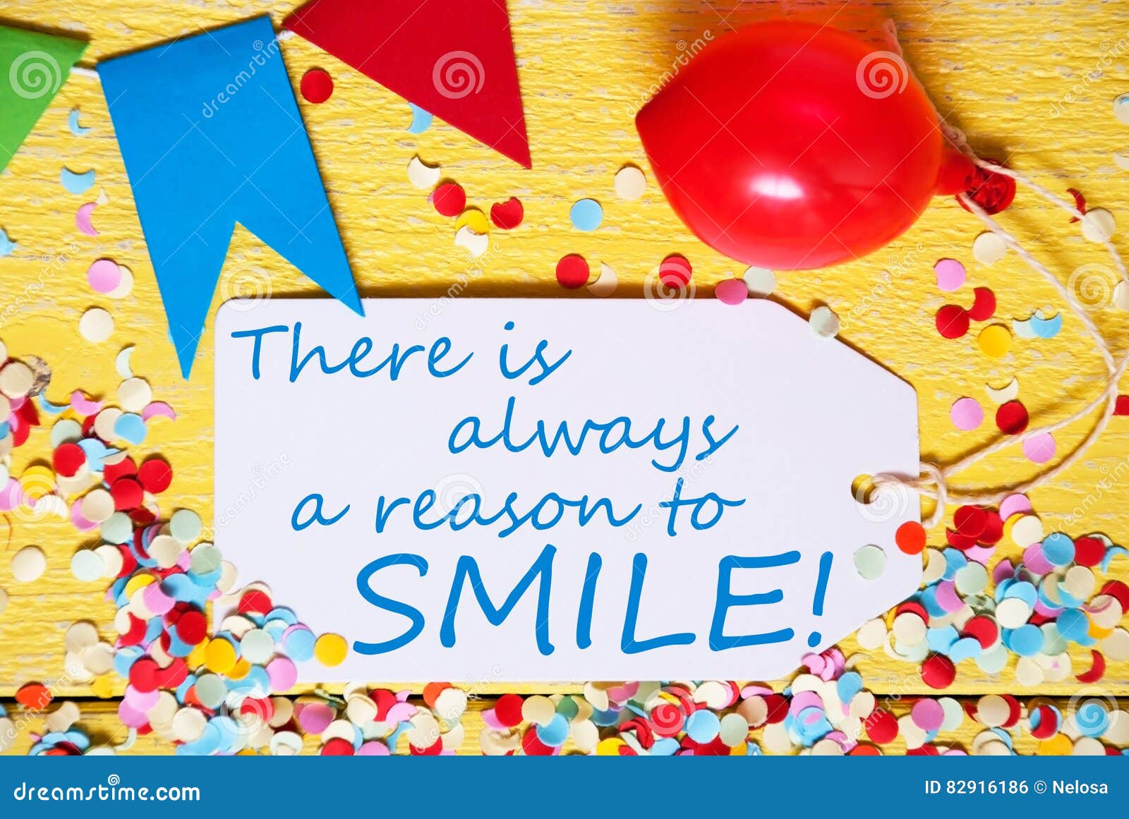 Smile Quotes About Balloons And Happiness Party Label, Red Balloon, Quote Always Reason To Smile Stock Photo