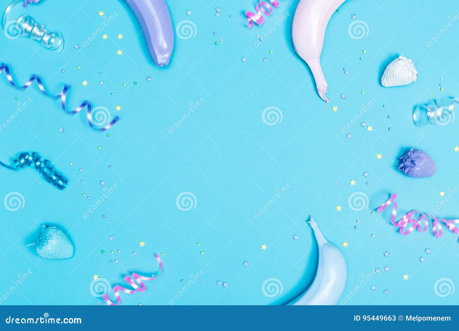 Party Theme in Blue and Purple with Streamers and Bananas Stock Image Image of concept