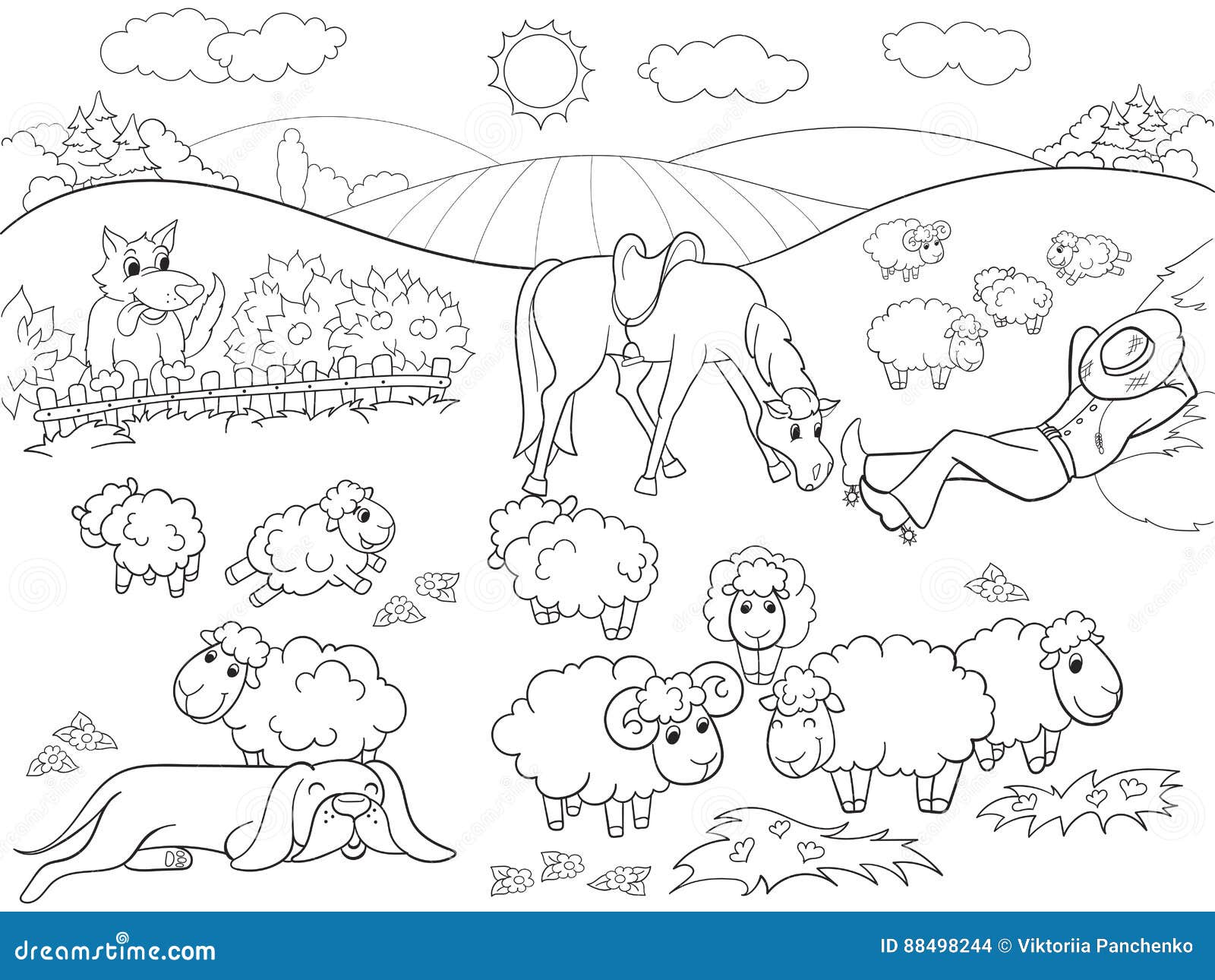 Pascoli le pecore con una coloritura del cane e del pastore per l illustrazione di vettore del fumetto dei bambini Libera da Diritti