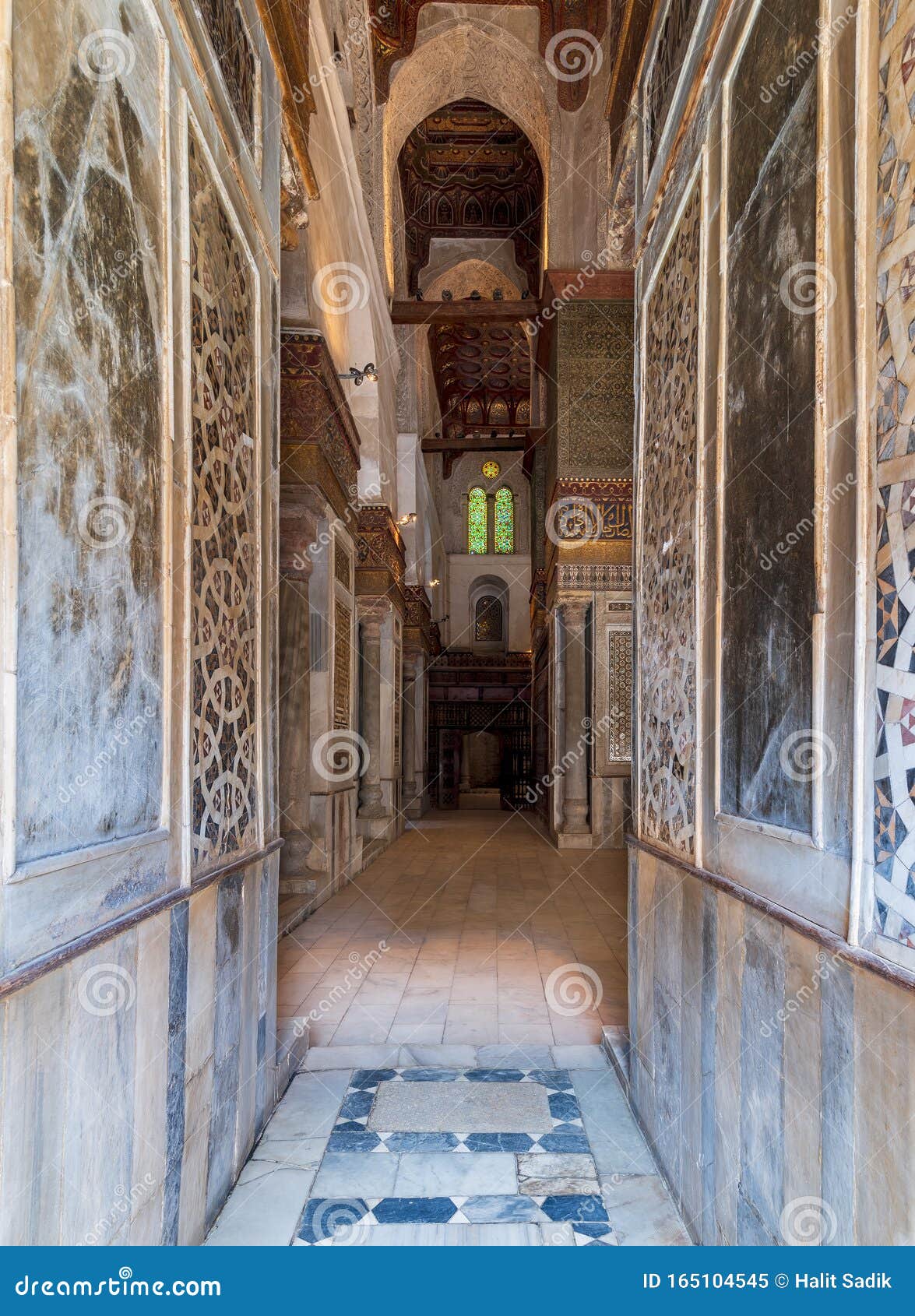 passage with decorated marble walls at the mausoleum of sultan qalawun, moez street, cairo, egypt