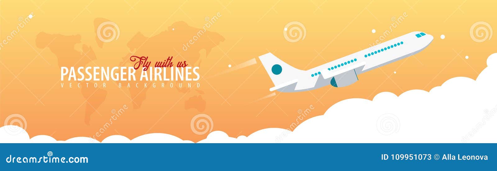 Passenger Airlines. Clouds sky background with airplane. Vector illustration.