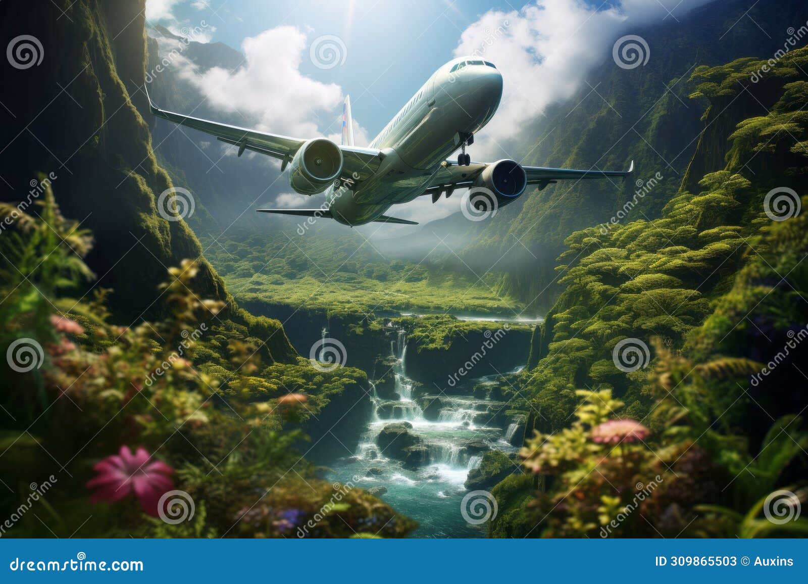 passenger airplane flying above sky during beautiful mountain created with generative ai technology