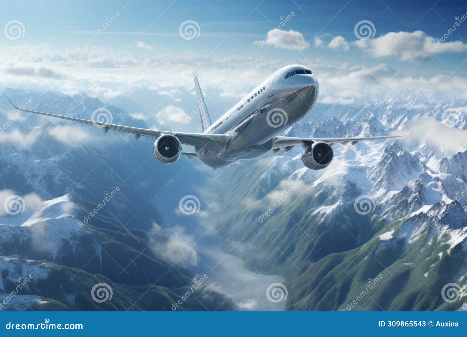 passenger airplane flying above sky during beautiful mountain created with generative ai technology