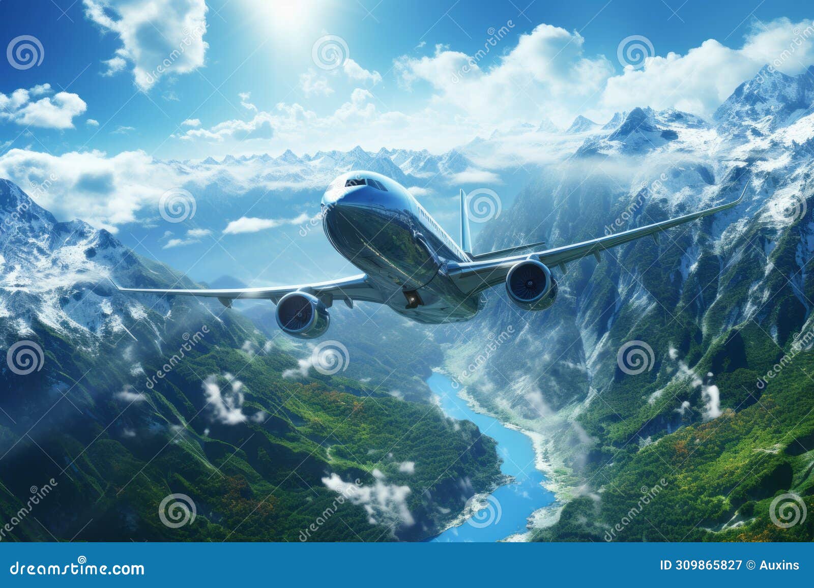 passenger airplane flying above sky during beautiful mountain created with generative ai technology