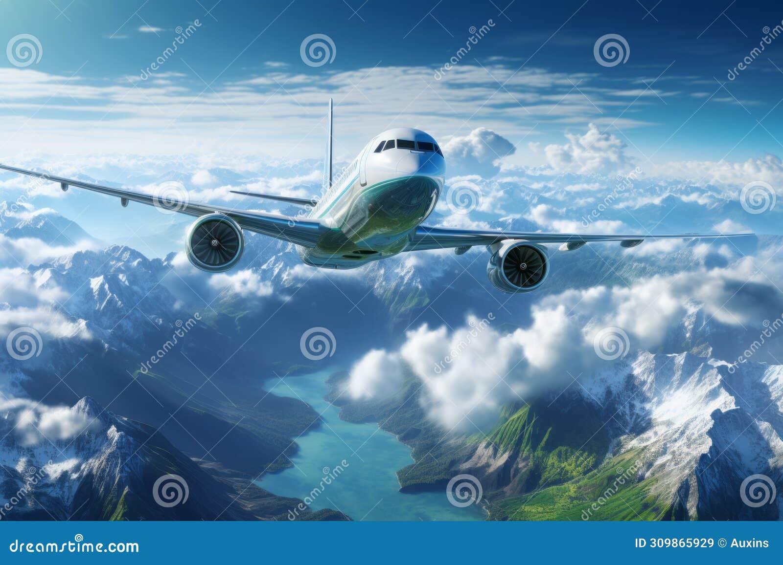 passenger airplane flying above sky during beautiful mountain created with generative ai technology