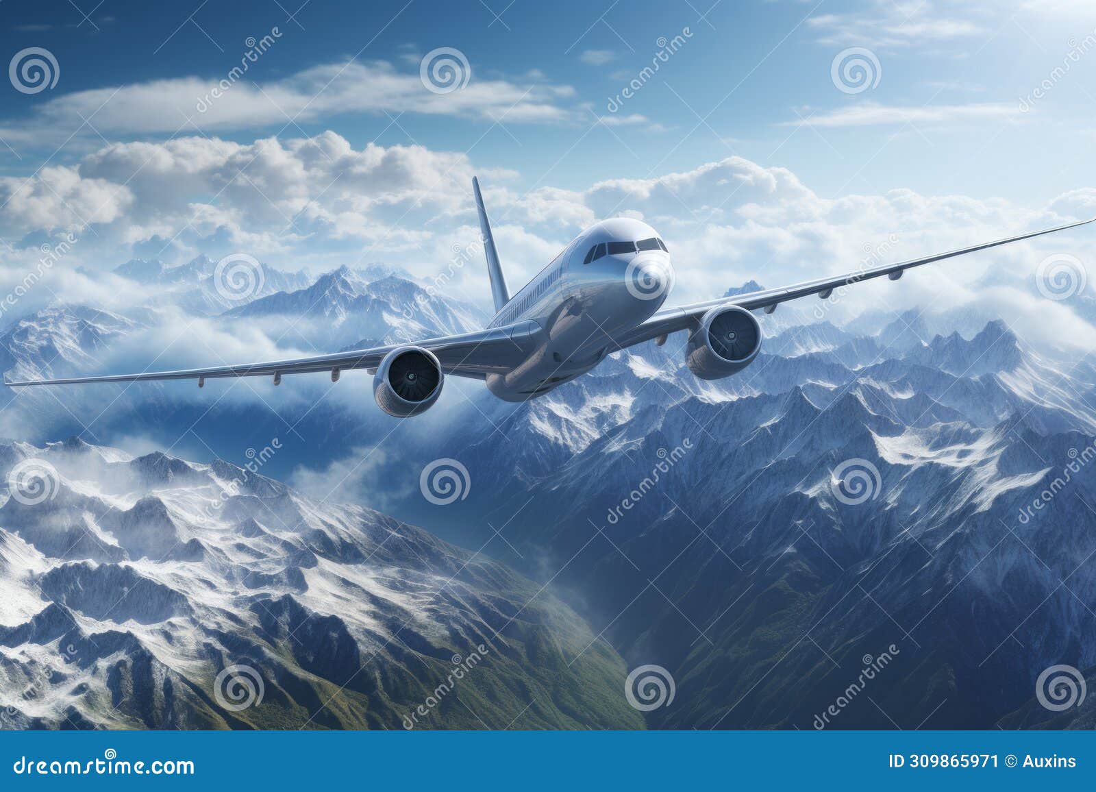 passenger airplane flying above sky during beautiful mountain created with generative ai technology