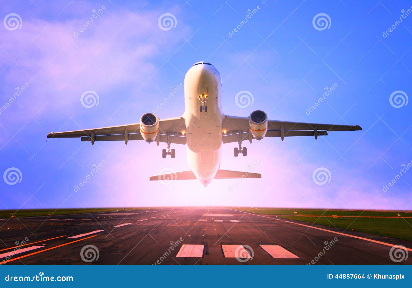 passenger jet plane flying from airport runway use for traveling and cargo , freight industry topic