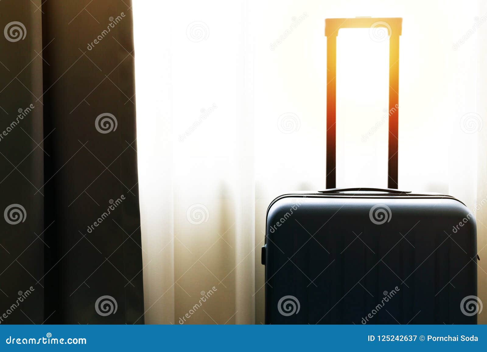 Passenger Luggage Bag in Bed Room, Ready for Vacation Stock Image