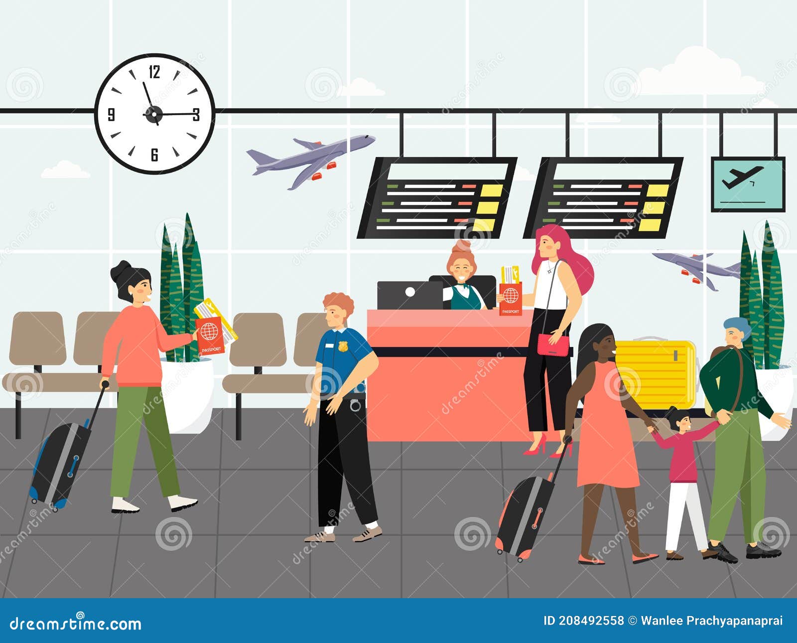 Passengers In Airport Lounge Area Concept Vector. People In Airport ...