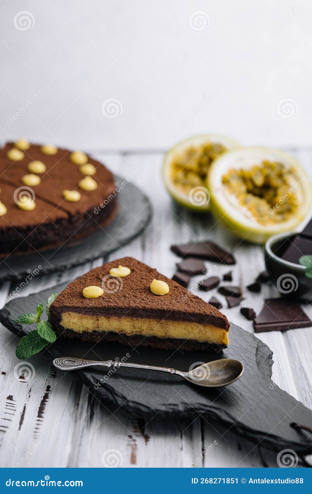 Passion Fruit Chocolate Cake with Fresh Passion Fruit Stock Image