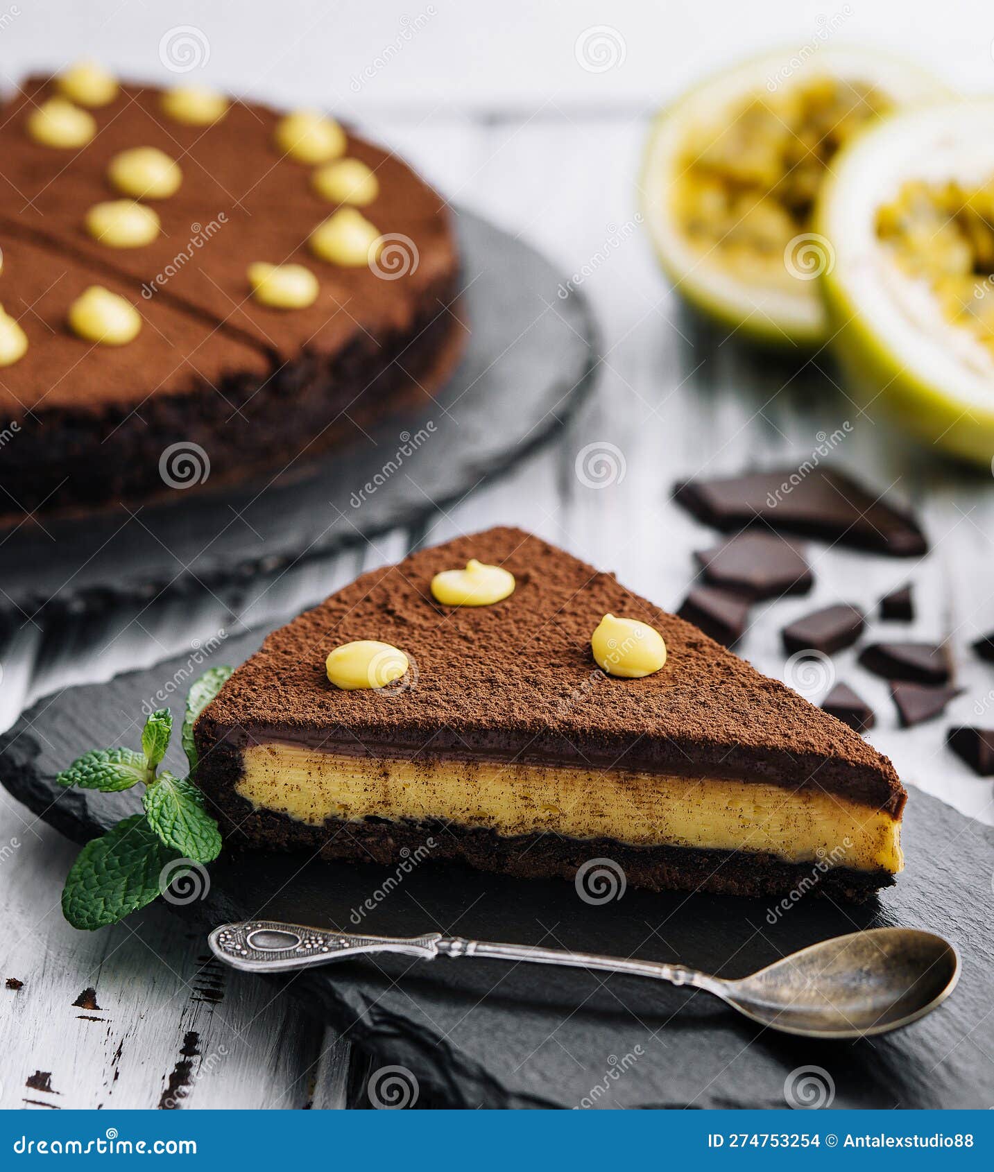 Passion Fruit Chocolate Cake with Fresh Passion Fruit Stock Photo