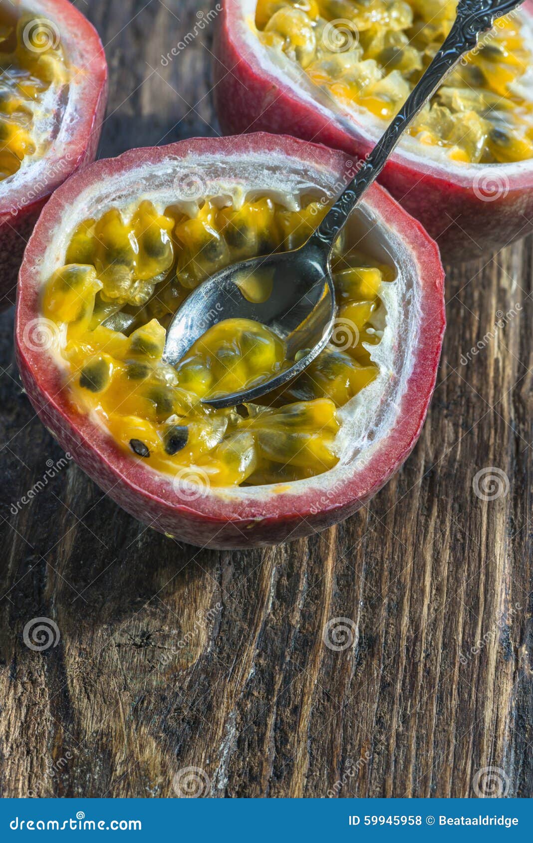 Passion fruit cut in half - extreme closeup