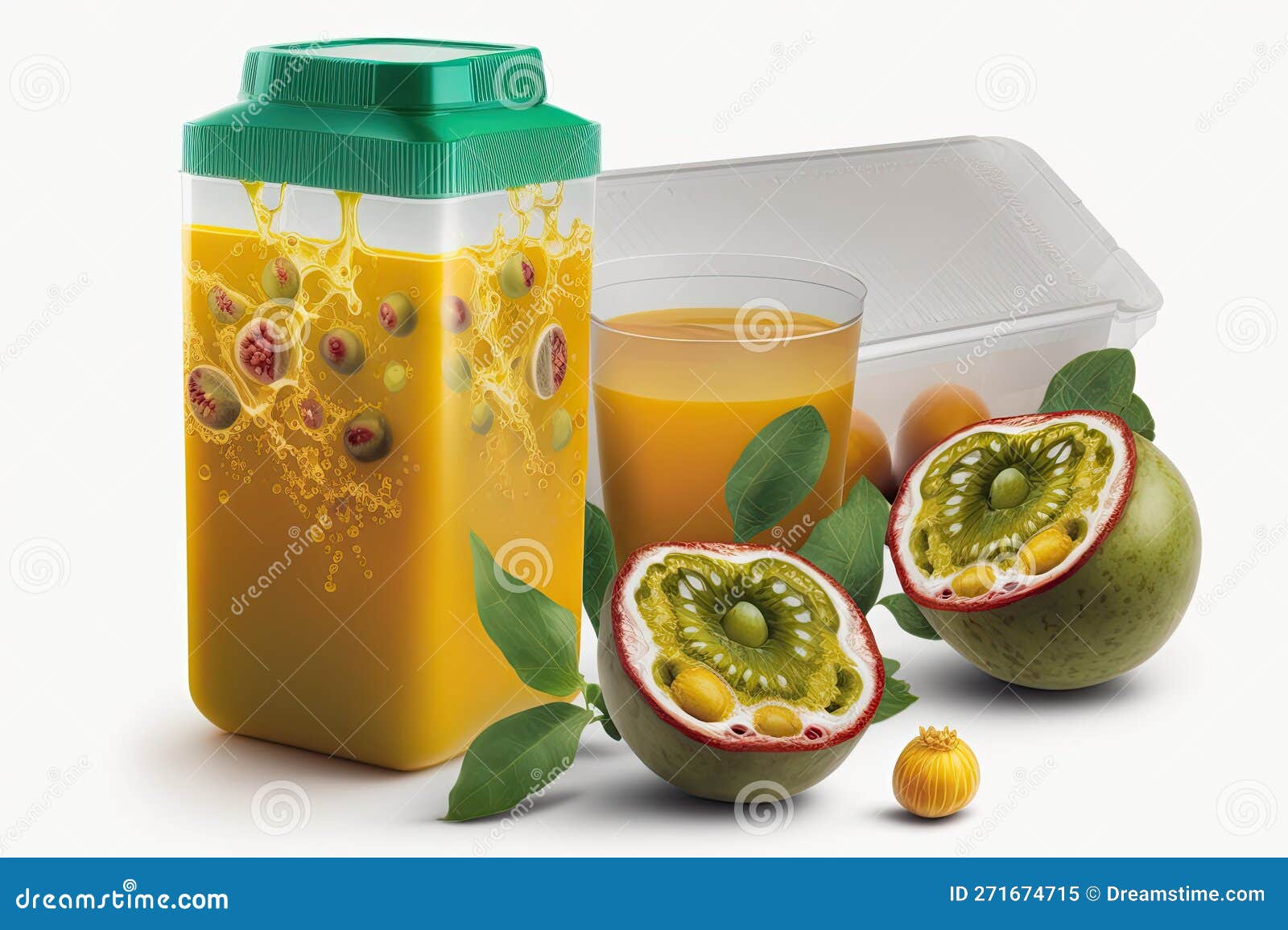Passion Fruit Juice in a Container with Halved Passionfruit Lying on