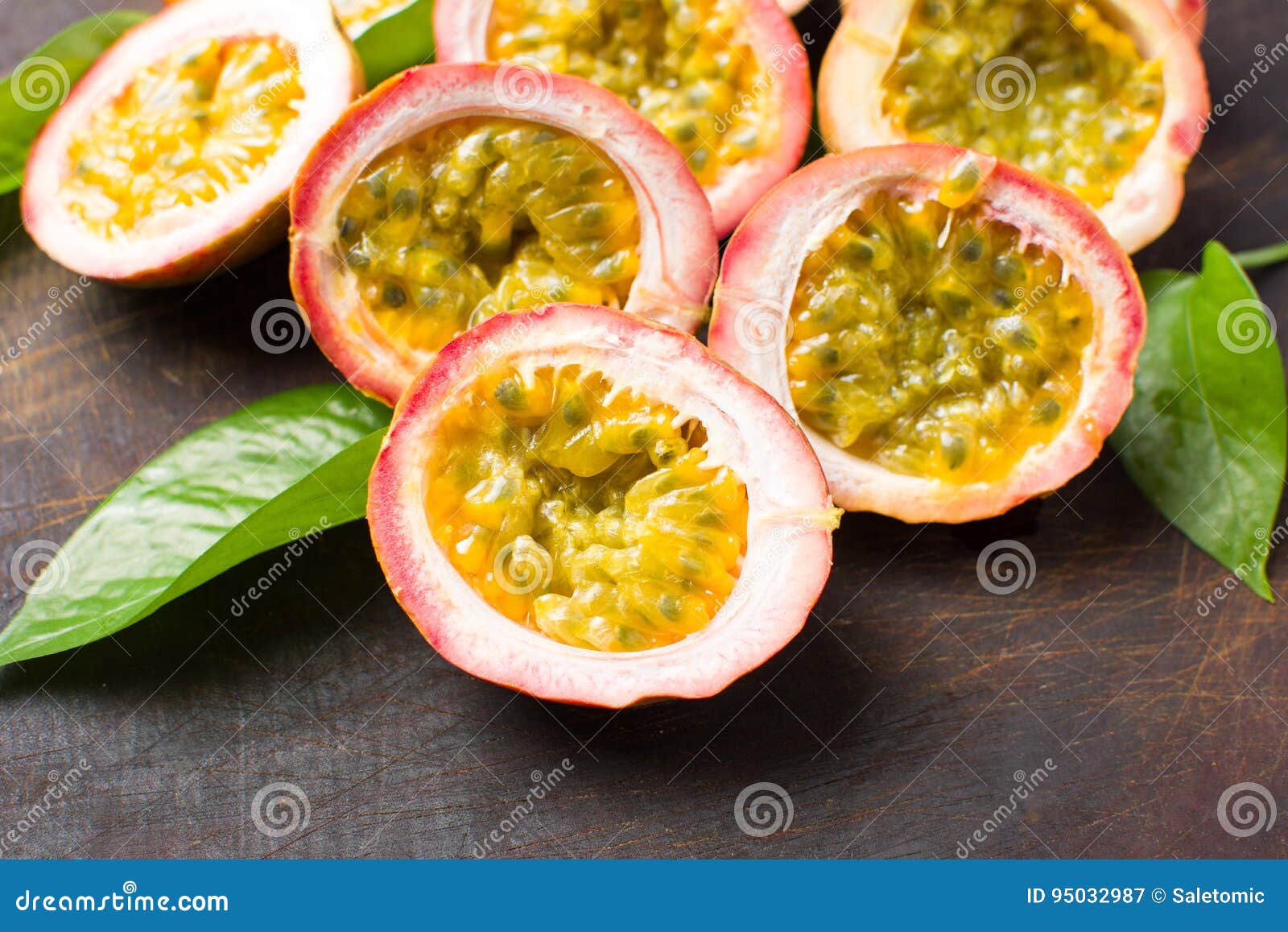 Passion Fruit on a Wooden Board Stock Image Image of leaf, ingredient