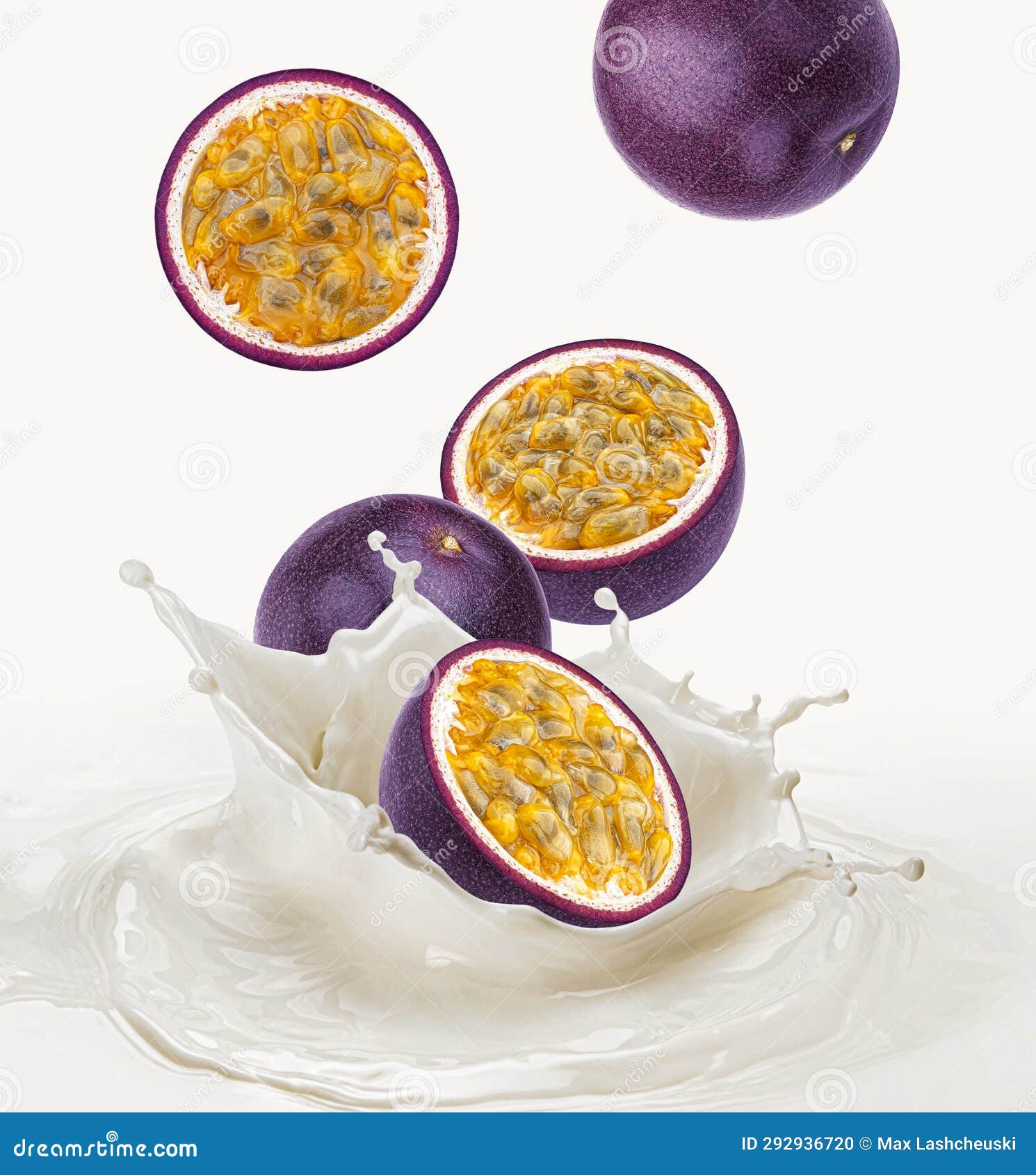 Passion Fruits Falling into Milk with Splash Stock Photo Image of