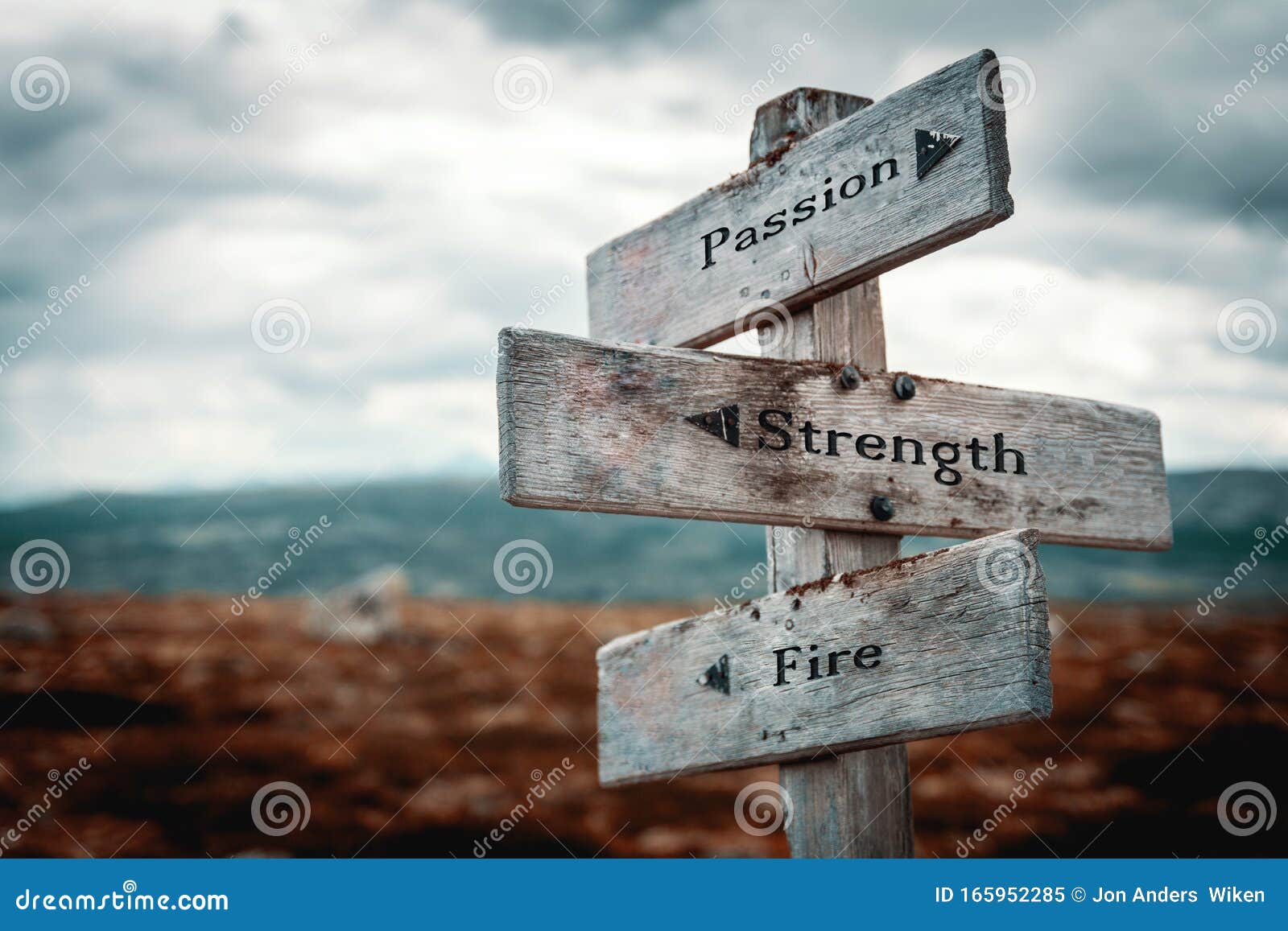 passion, strength and fire text on wooden rustic signpost outdoors in nature/mountain scenery.