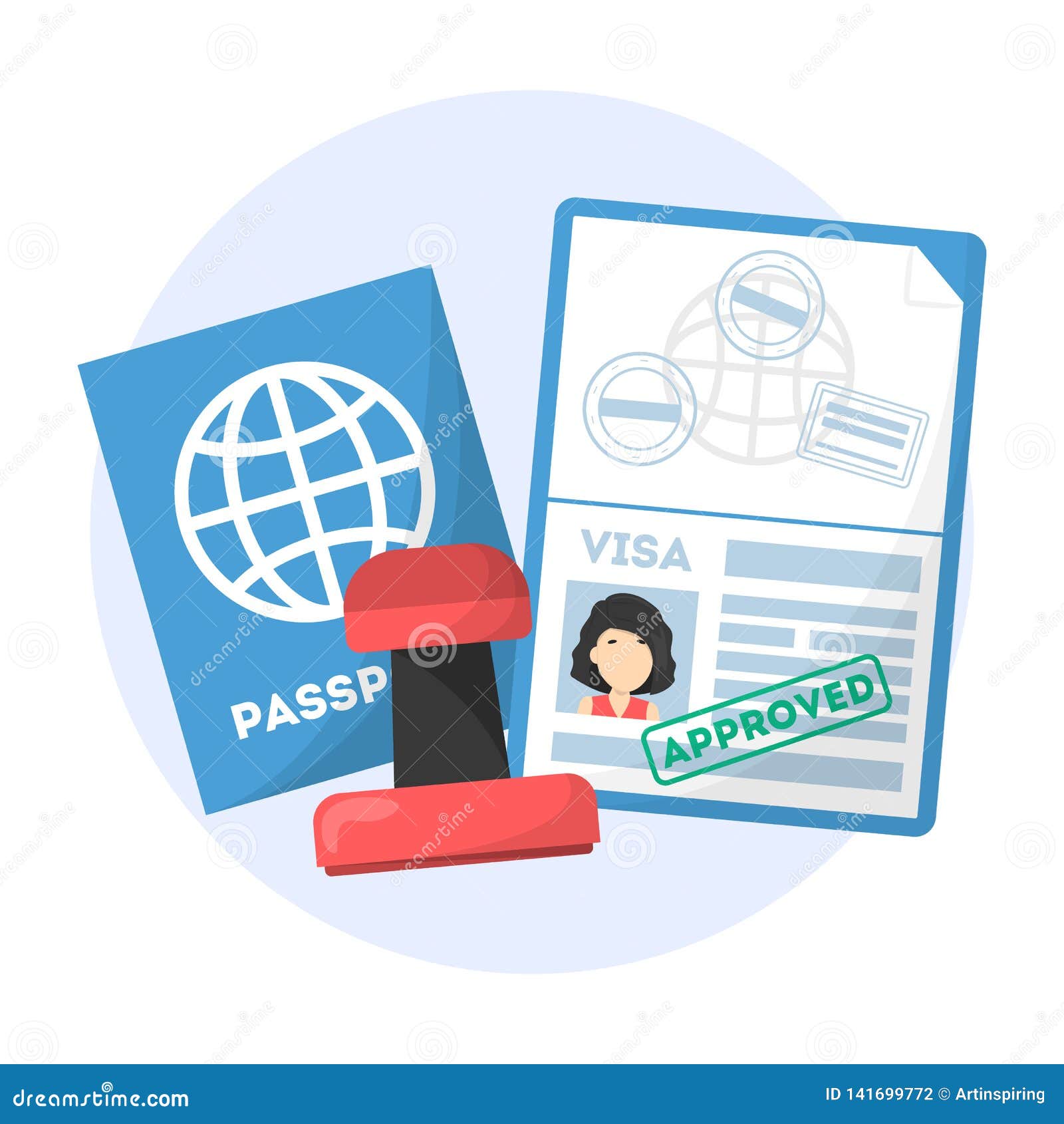 Passport With Approved Visa Stamp On It. Idea Of Travel Vector