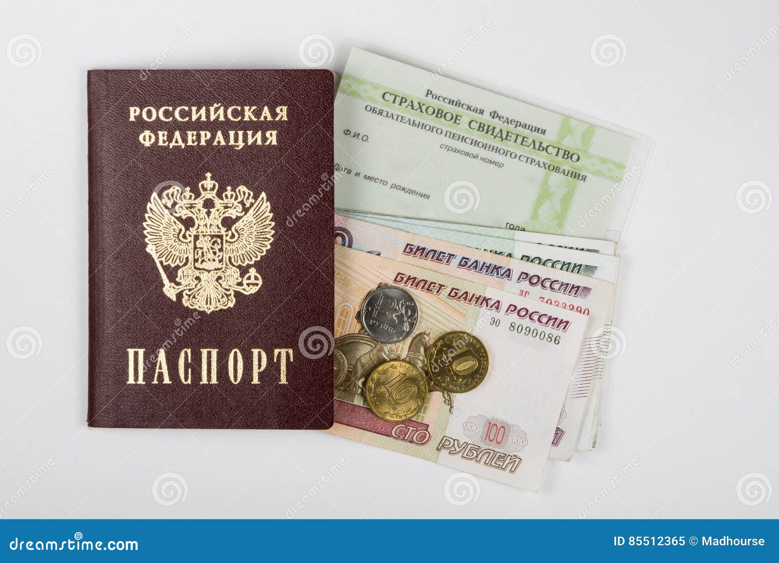 Passport, Insurance Certificate and Money on White Background Stock