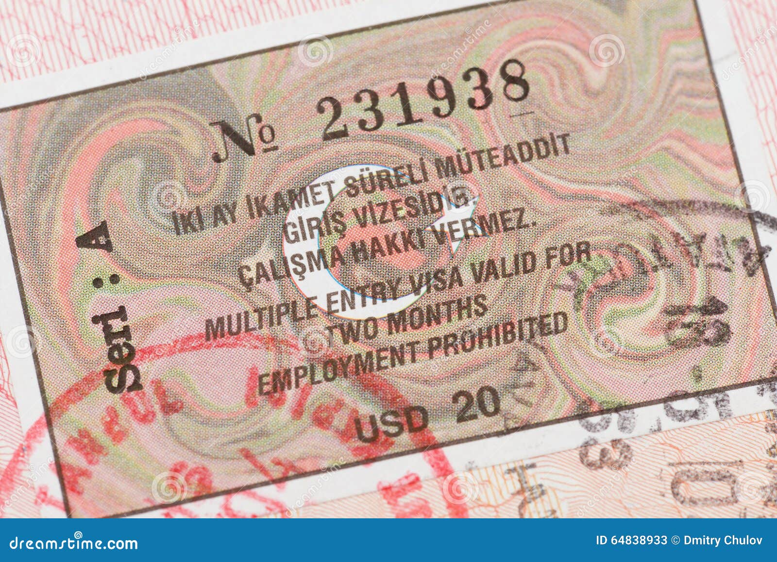 Passport Page with Turkey Visa and Immigration Control Stamp. Stock
