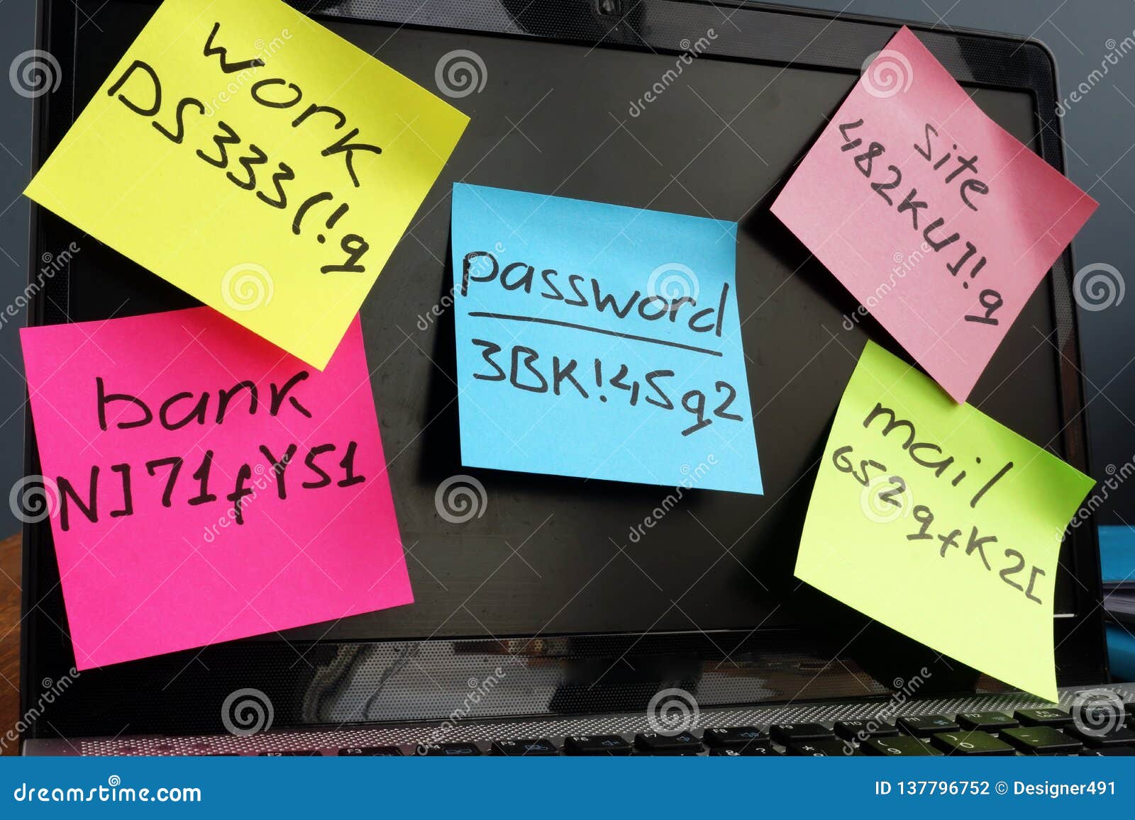 password management. laptop with memo sticks on screen
