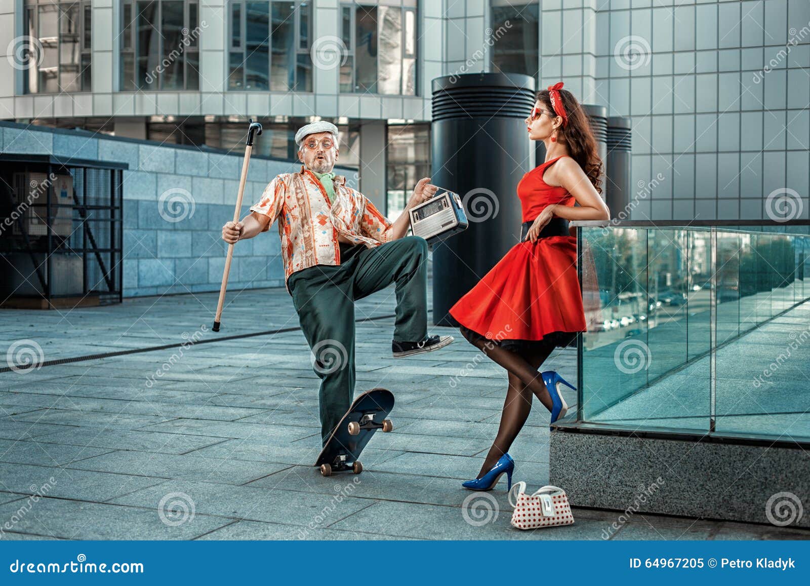 Past Girl Rides An Old Man On A Skateboard Stock Image Image Of