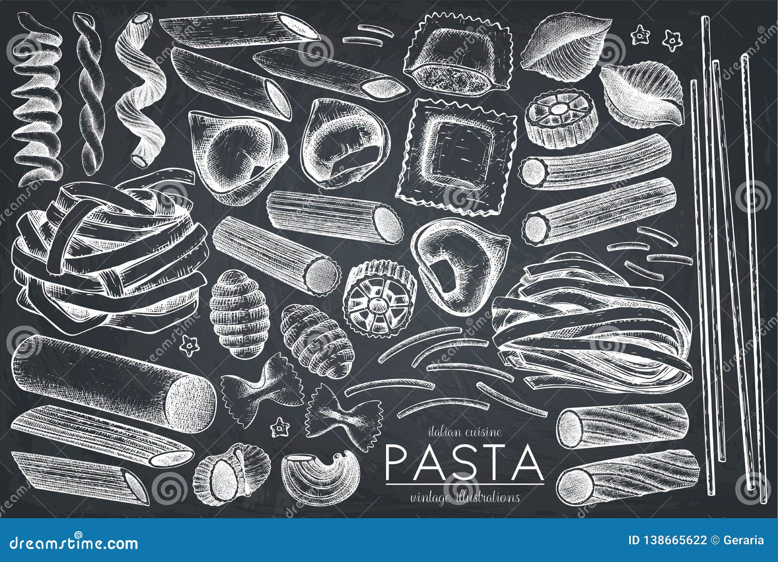 Kitchen Collection of Traditional Italian Pasta with Names. Hand Drawn