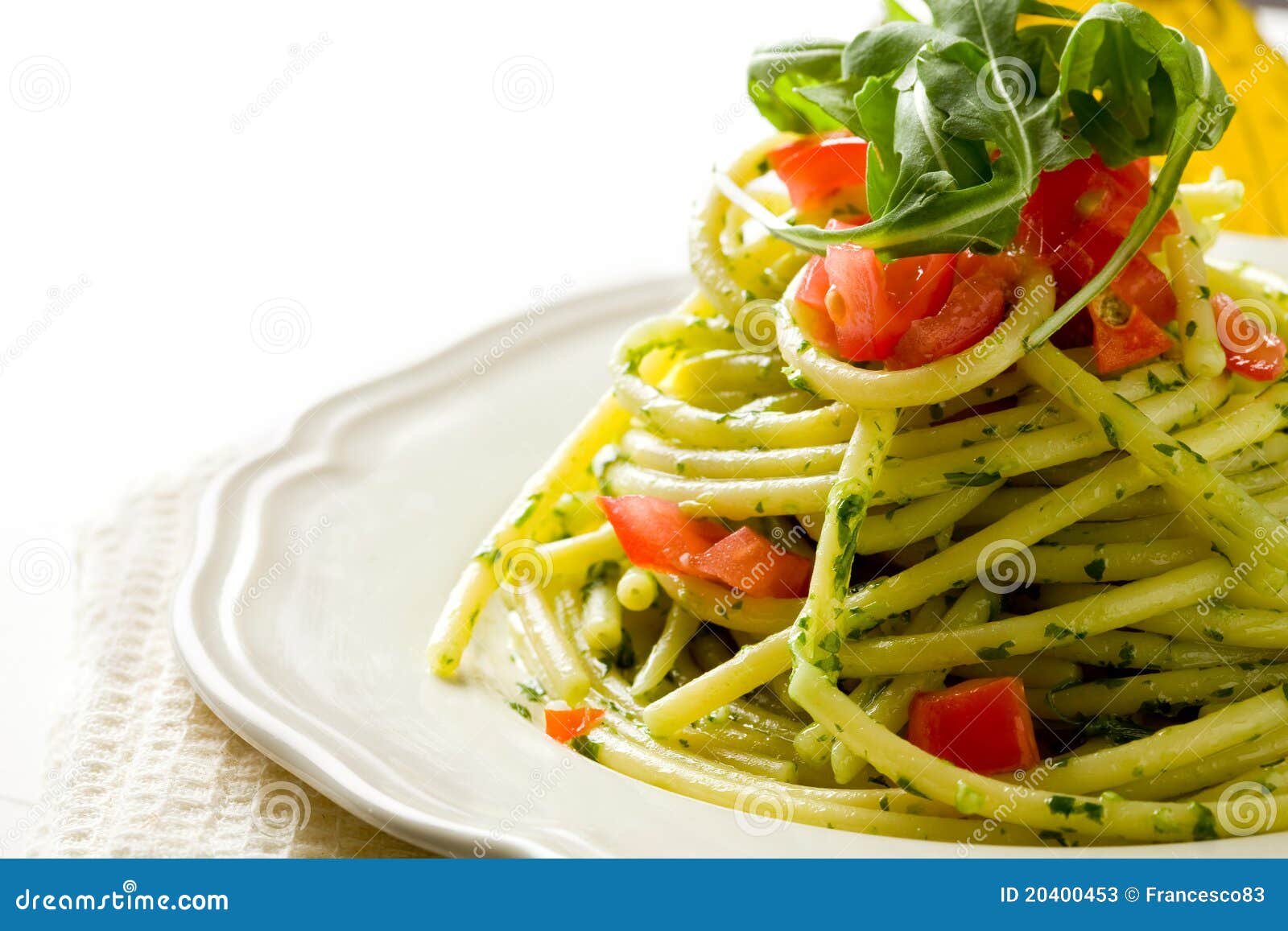 Pasta with Arugula Pesto and Cherry Tomatoes Stock Image Image of