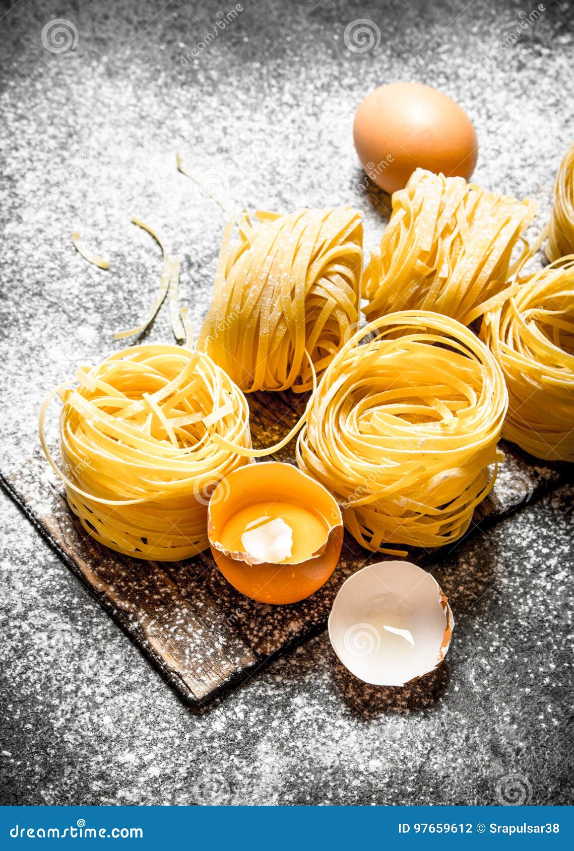 Pasta Background. Cooking Homemade Pasta with Egg and Flour Stock Photo