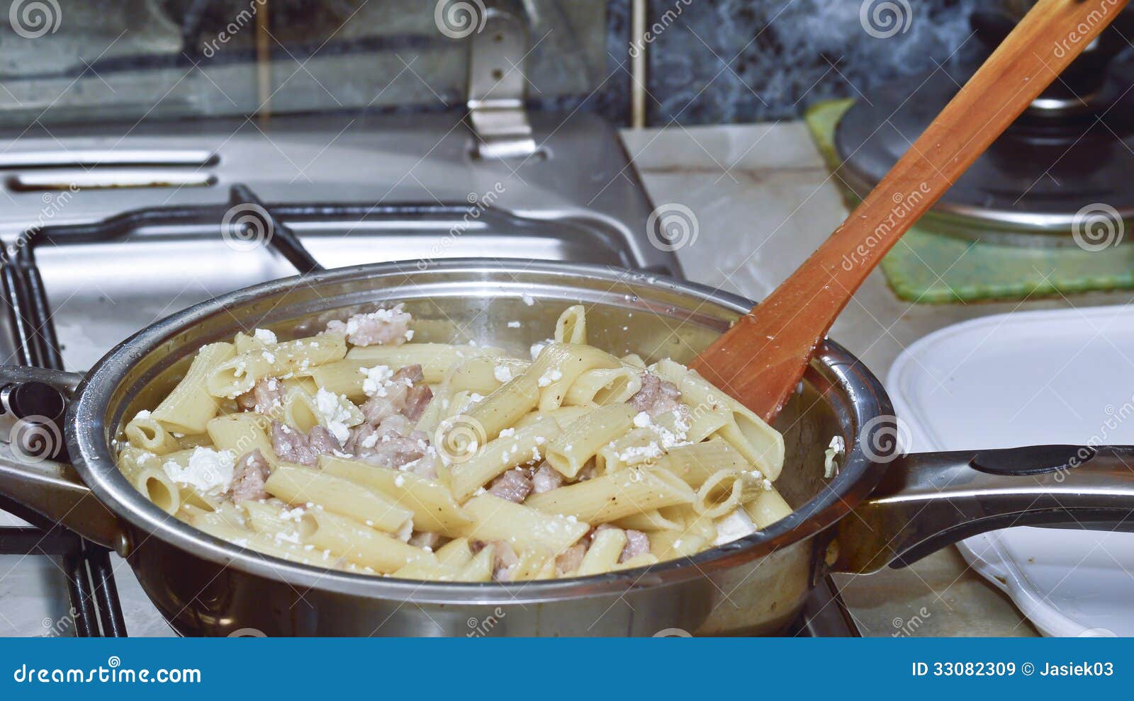 Pasta with bacon stock image. Image of plank, sauce, cooking 33082309