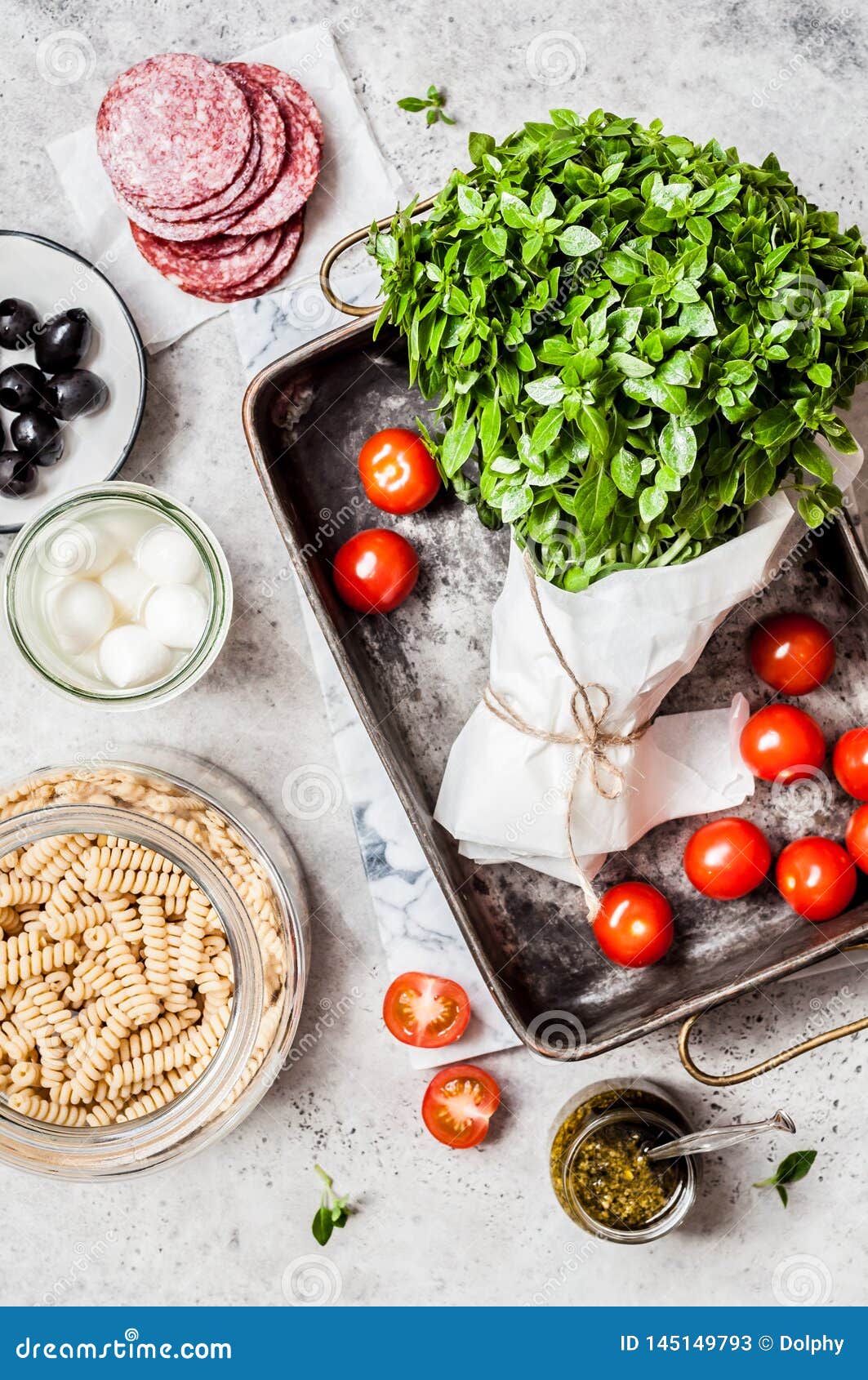 Pasta Bake Ingredients stock image. Image of concrete 145149793