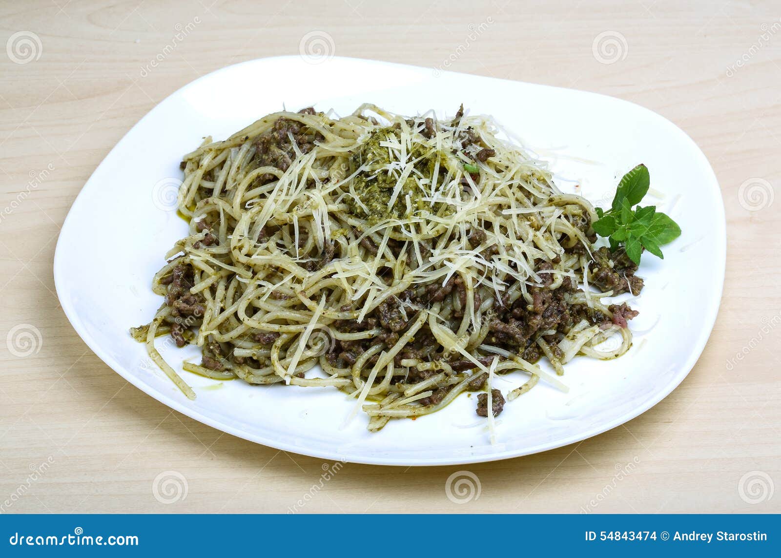 Pasta with beef and pesto stock photo. Image of basil 54843474