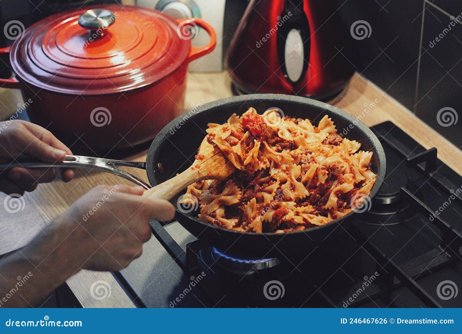 Pasta Being Prepared in a Pan Stock Photo Image of onion, delicious