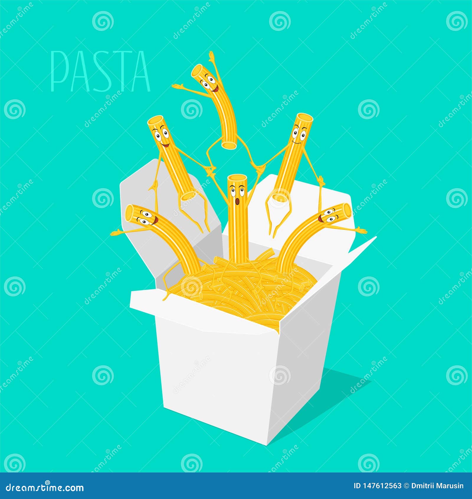 Pasta in the Box. Funny, Cartoon Pasta Characters Smiling and Laughing