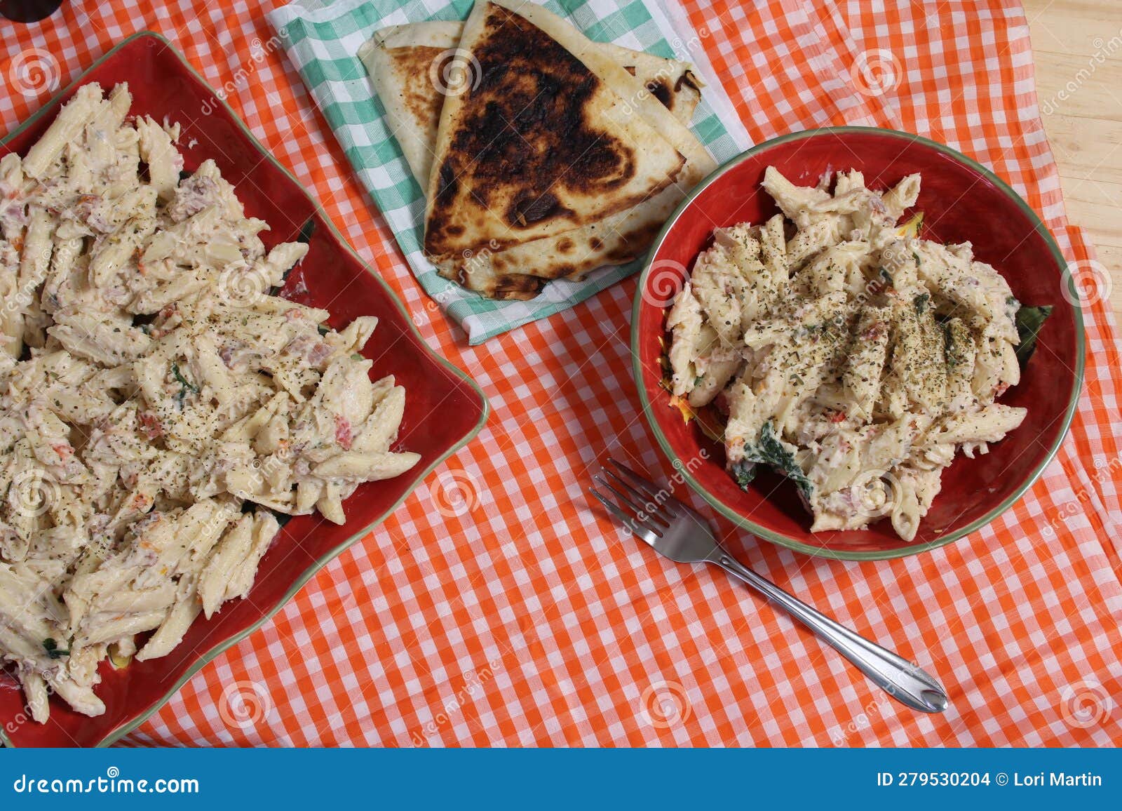 Pasta Carbonara with Italian Flat Bread on Buffet Table Stock Photo