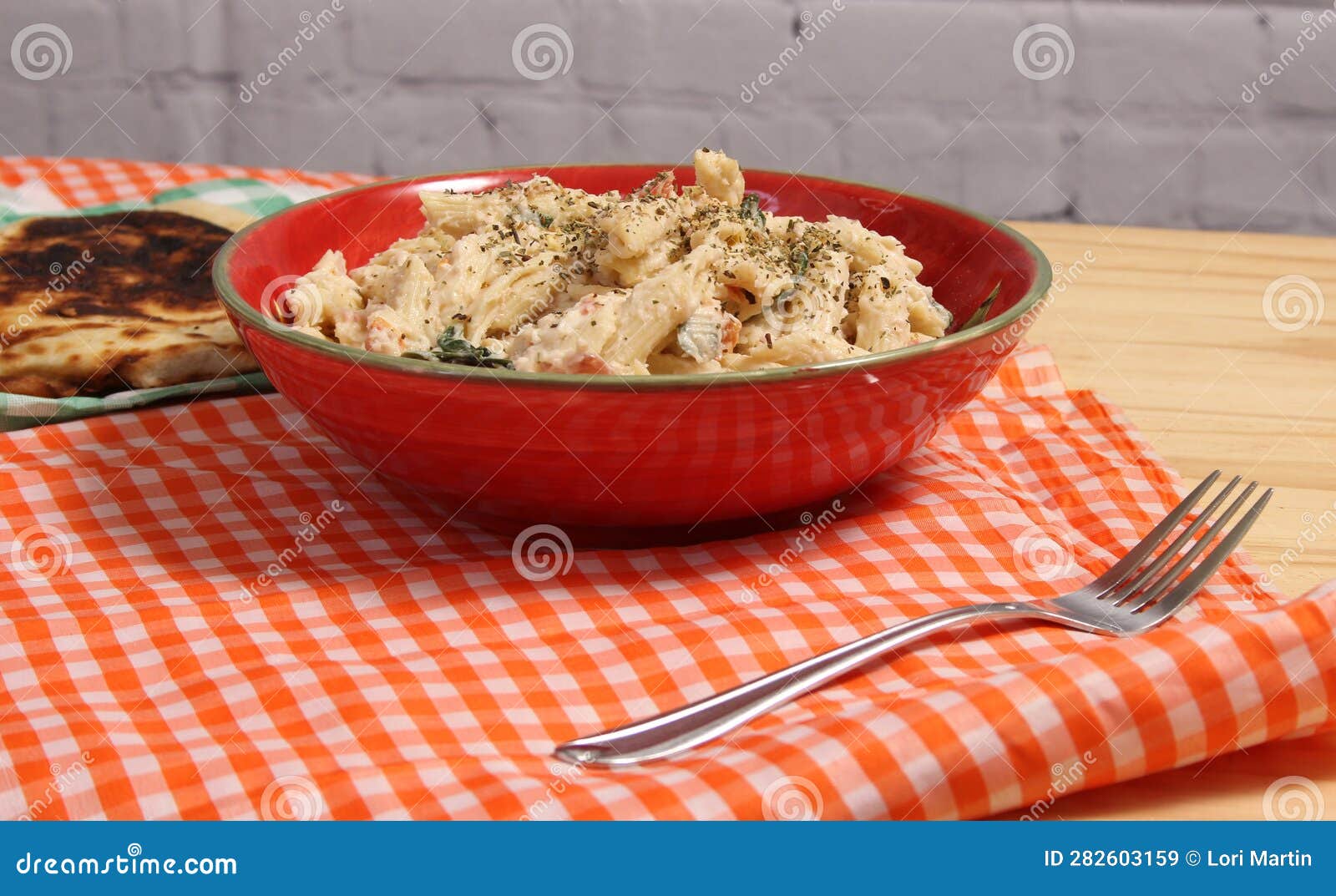 Pasta Carbonara with Italian Flat Bread on Buffet Table Stock Image